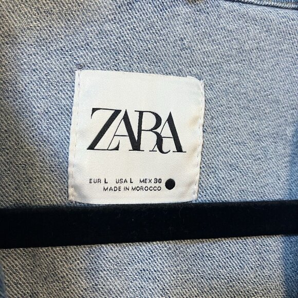 Zara Blue Denim Single Button Oversize Patch Pocket Blazer Shacket Womens L Jean - Picture 4 of 7